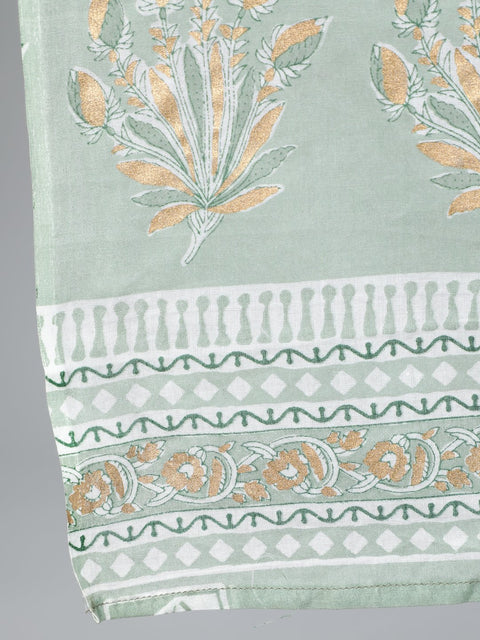 Women Sage Green & Gold Printed Straight Kurta With Plazo & Dupatta