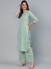 Women Sage Green & Gold Printed Straight Kurta With Plazo & Dupatta