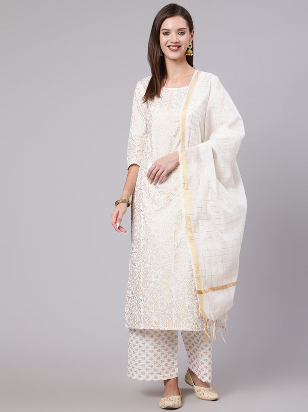 Women Off-White & Gold Printed Straight Kurta With Plazzo  & Dupatta