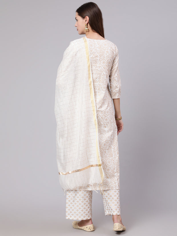 Women Off-White & Gold Printed Straight Kurta With Plazzo  & Dupatta