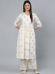 Women Cream & Gold Printed Gathered  Kurta With Plazzo