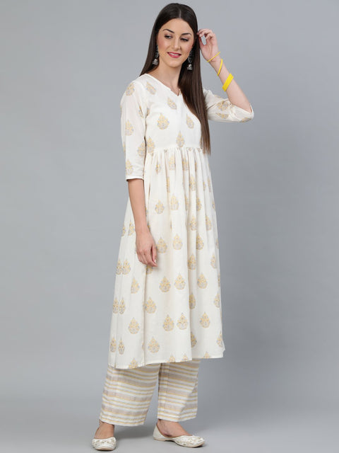 Women Cream & Gold Printed Gathered  Kurta With Plazzo