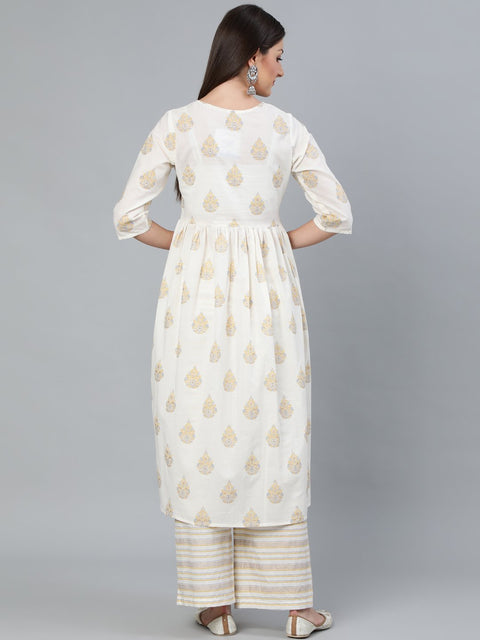 Women Cream & Gold Printed Gathered  Kurta With Plazzo