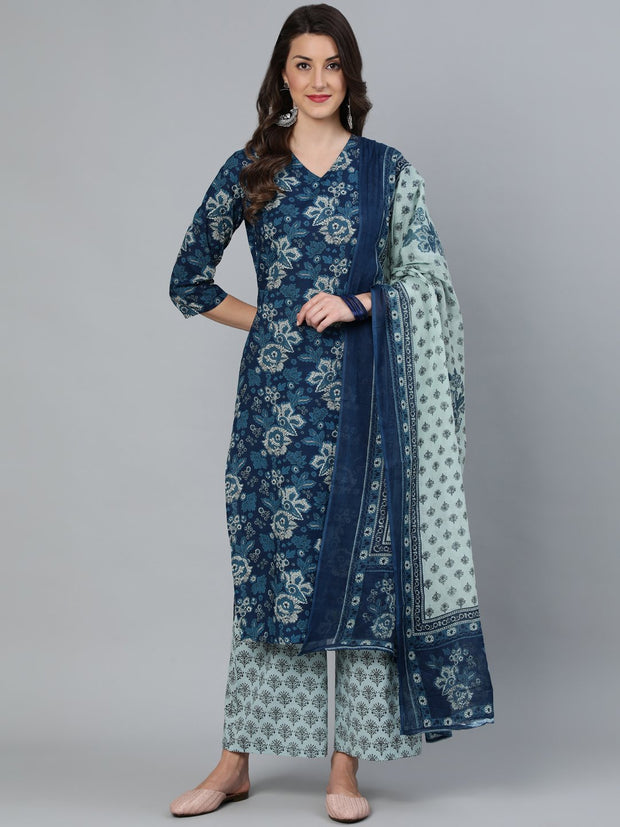 Women Indigo Blue Printed Straight  Kurta With Plazzo & Dupatta