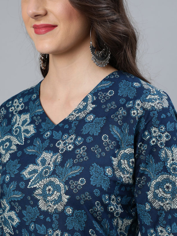 Women Indigo Blue Printed Straight  Kurta With Plazzo & Dupatta