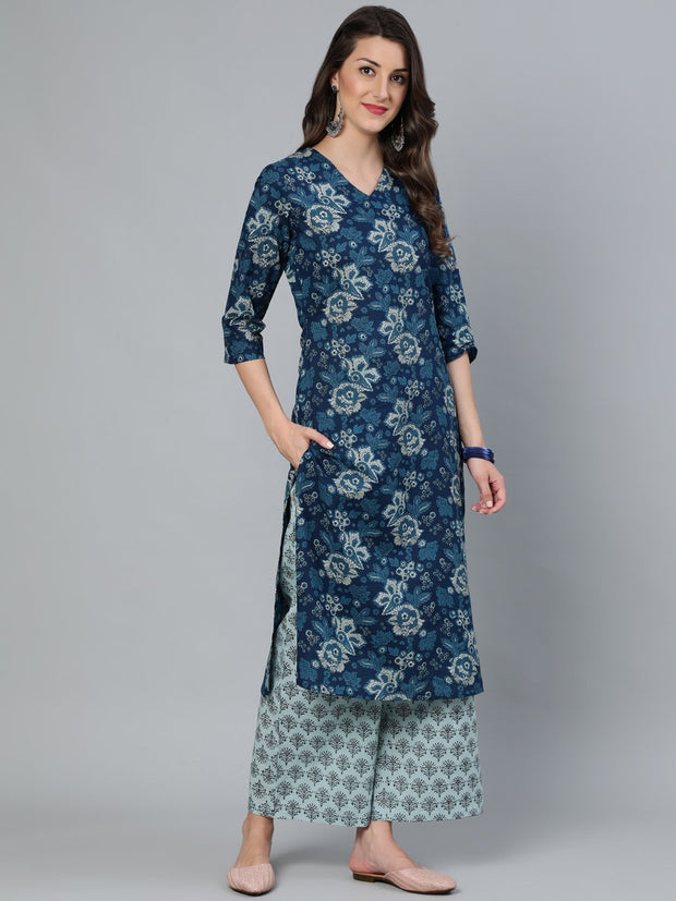 Women Indigo Blue Printed Straight  Kurta With Plazzo & Dupatta