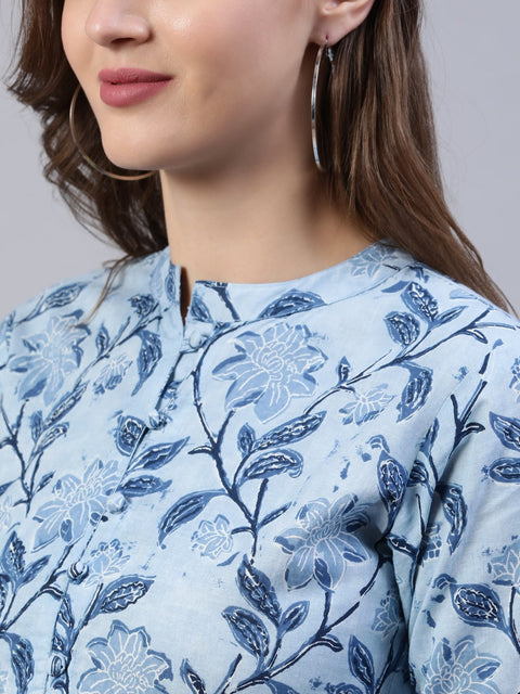 Women Blue Floral Printed Dress With Three Quarter Sleeves