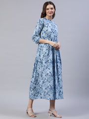 Women Blue Floral Printed Dress With Three Quarter Sleeves