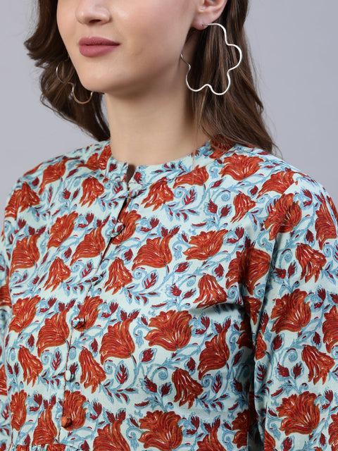 Women Blue & Rust Floral Printed Dress With Three Quarter Sleeves