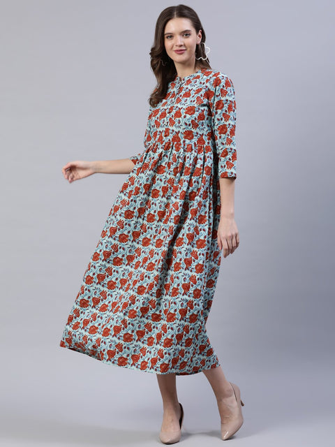 Women Blue & Rust Floral Printed Dress With Three Quarter Sleeves