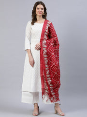 Women Off-White Printed A- line Kurta With Palazo & Dupatta