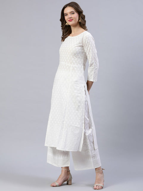 Women Off-White Printed A- line Kurta With Palazo & Dupatta