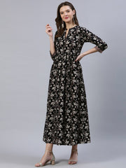 Women Black Floral Printed Dress With Three Quarter Sleeves