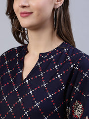 Women Navy Blue Printed Dress With Three Quarter Sleeves