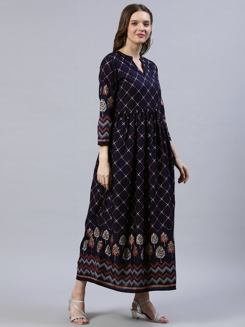 Women Navy Blue Printed Dress With Three Quarter Sleeves