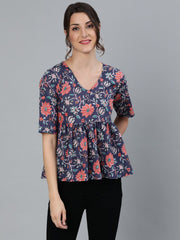 Women Blue printed Top With V neck & Three Quarter Sleeves