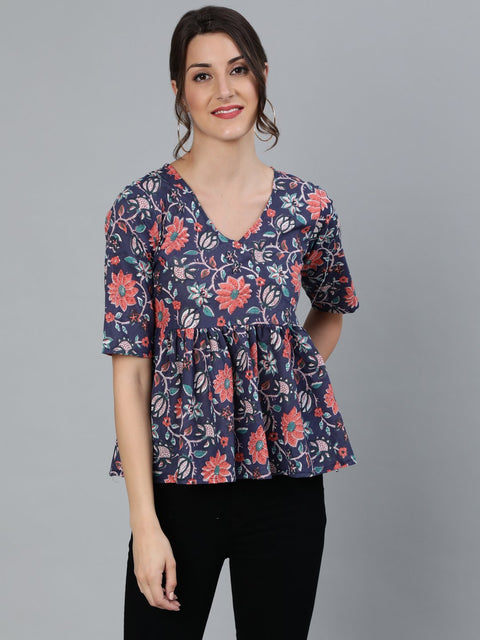 Women Blue printed Top With V neck & Three Quarter Sleeves