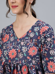 Women Blue printed Top With V neck & Three Quarter Sleeves