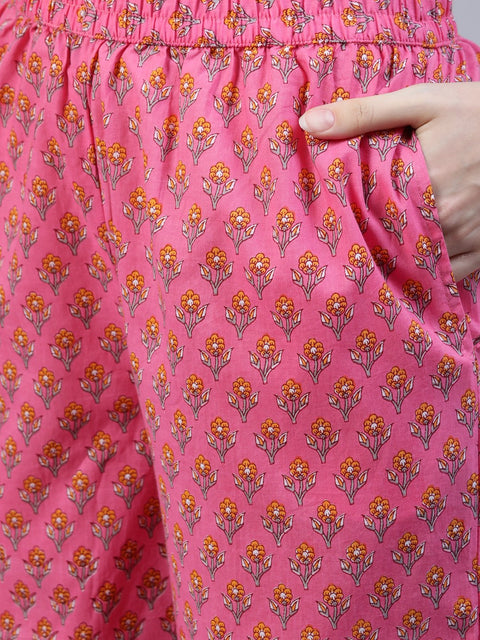 Women Pink Floral Printed Anarkali Kurta With Palazo & Dupatta