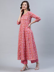 Women Pink Floral Printed Anarkali Kurta With Palazo & Dupatta