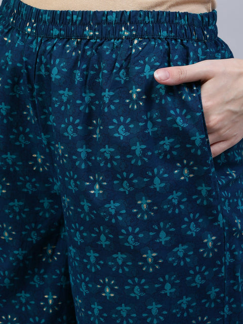 Women Green Floral Printed Gathered Kurta With Palazo