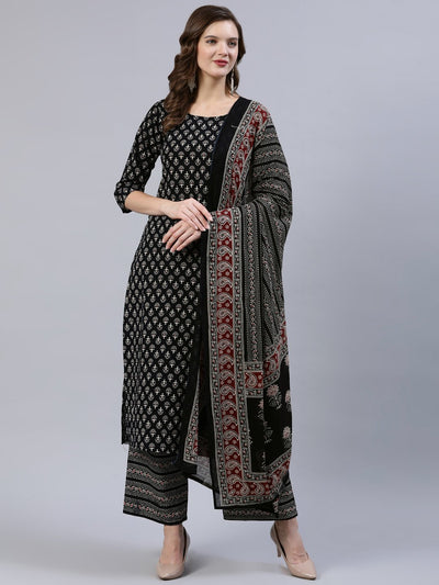 Women Black Printed Straight  Kurta With Palazo & Dupatta