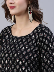 Women Black Printed Straight  Kurta With Palazo & Dupatta