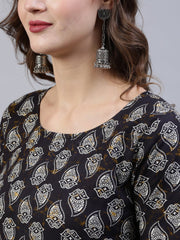 Women Black Printed Straight  Kurta With Palazo & Dupatta