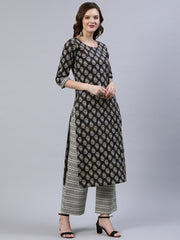 Women Black Printed Straight  Kurta With Palazo & Dupatta