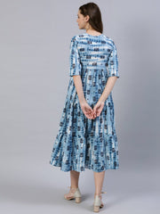Women  Blue Printed Tiered Dress With Three Quarter Sleeves