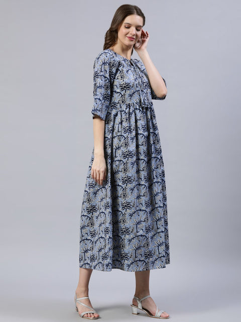 Women Blue Floral Printed Dress With Three Quarter Sleeves