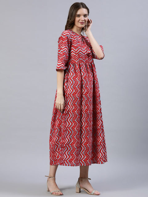 Women Red Zig-Zac Printed Dress With Three Quarter Sleeves