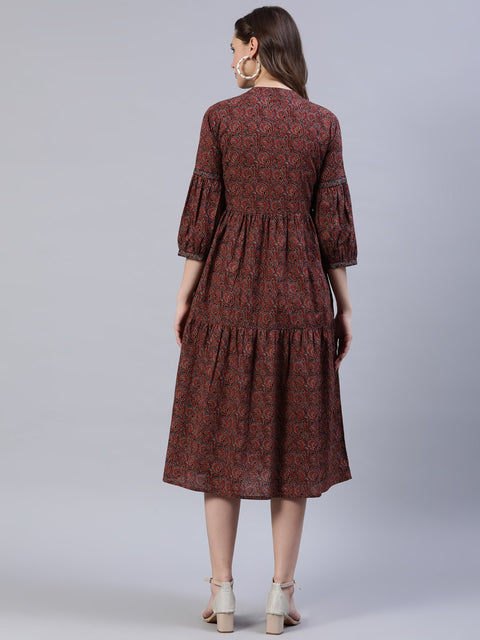 Women Maroon Printed Dress With Three Quarter Sleeves