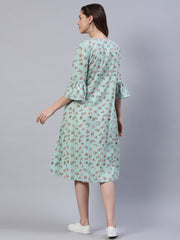 Women Pastel Green Printed Dress With Three Quarter Flared Sleeves