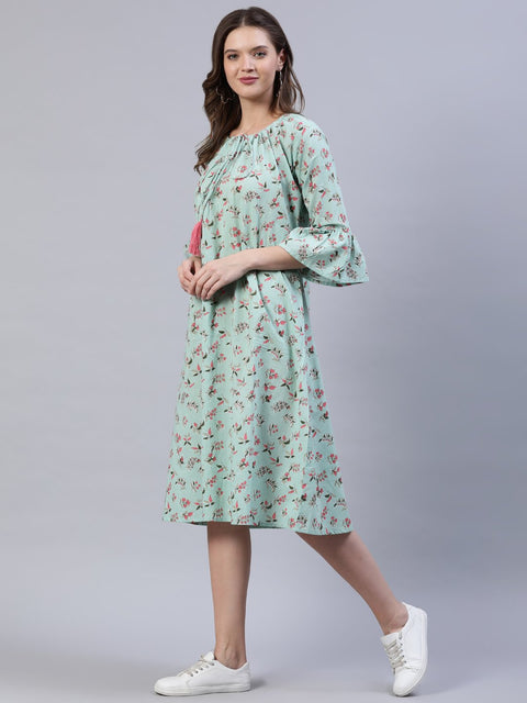 Women Pastel Green Printed Dress With Three Quarter Flared Sleeves