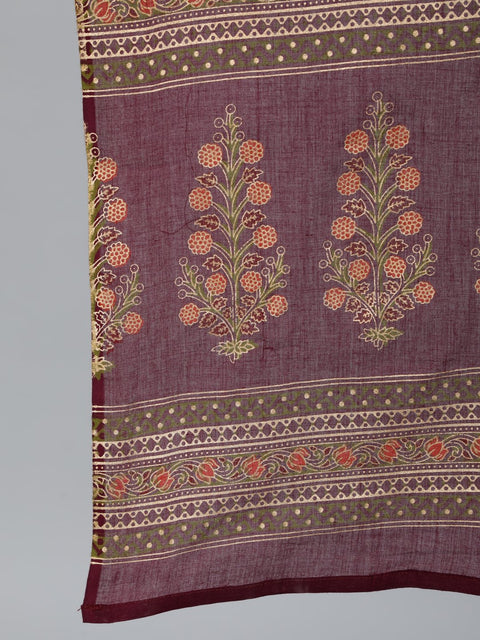 Women Burgundy Floral Printed Pure Cotton Kurta & Palazzos With Dupatta