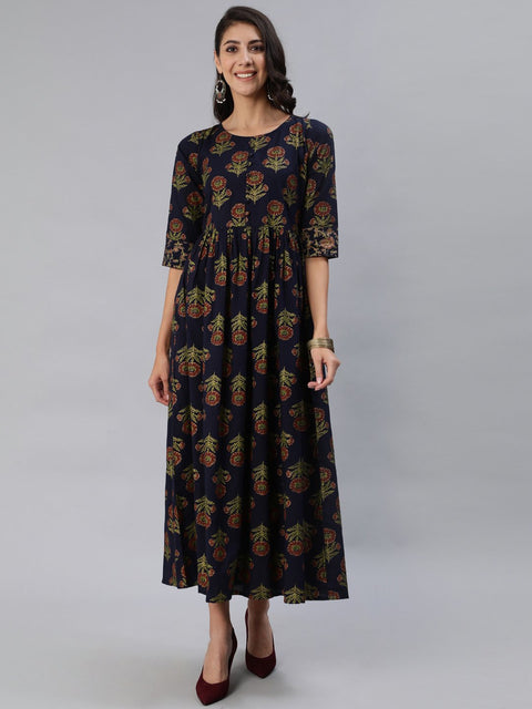 Women Navy Blue Printed Maxi Dress With Three Quarter Sleeves