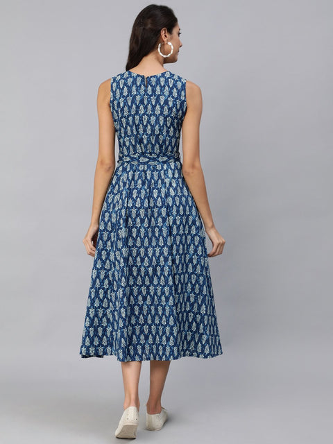 Women Blue Printed Sleeveless Dress