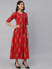 Women Red & Gold Printed Maxi Dress With Three Quarter Sleeves