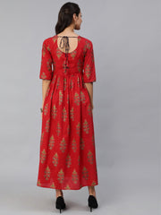 Women Red & Gold Printed Maxi Dress With Three Quarter Sleeves