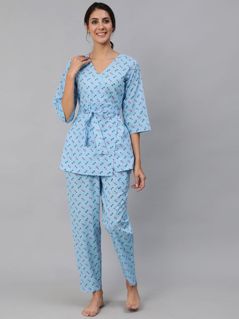 Women Blue Printed Wrap Around Night Suit Set