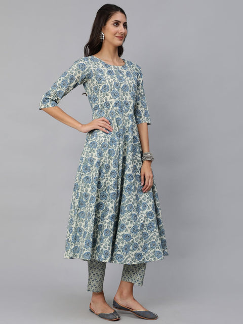 Women Blue & Cream Floral Printed Kurta Set With Trouser & Dupatta
