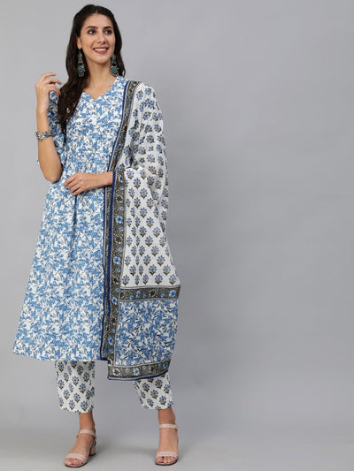 Women Blue & White Floral Printed Kurta Set With Trouser & Dupatta