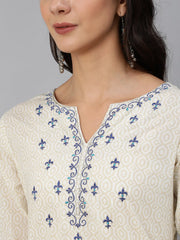 Women Cream & Blue Embroidered Straight Kurta Set With Plazo & Wrinkled Dupatta