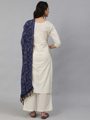 Women Cream & Blue Embroidered Straight Kurta Set With Plazo & Wrinkled Dupatta