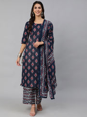 Women Blue Ethnic Striped Printed Straight Kurta With Three Quarter Sleeves