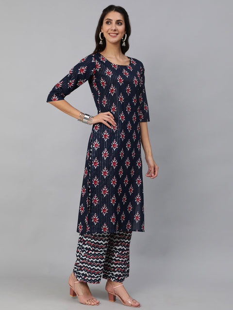 Women Blue Ethnic Striped Printed Straight Kurta With Three Quarter Sleeves