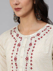 Women Cream & Red Embroidered Straight Kurta Set With Plazo & Wrinkled Dupatta
