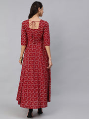 Women Burgundy & Gold Printed Maxi Dress With Three Quarter Sleeves