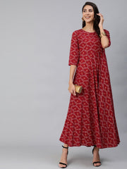 Women Burgundy & Gold Printed Maxi Dress With Three Quarter Sleeves
